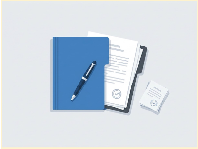 Cartellina blu con documenti e penna